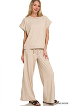 Cotton Slub Ribbed Tee & Pants 2pc Set Zenana In Sand Beige - Desert Sunday