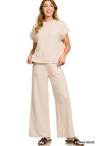 Cotton Slub Ribbed Tee & Pants 2pc Set Zenana In Sand Beige - Desert Sunday