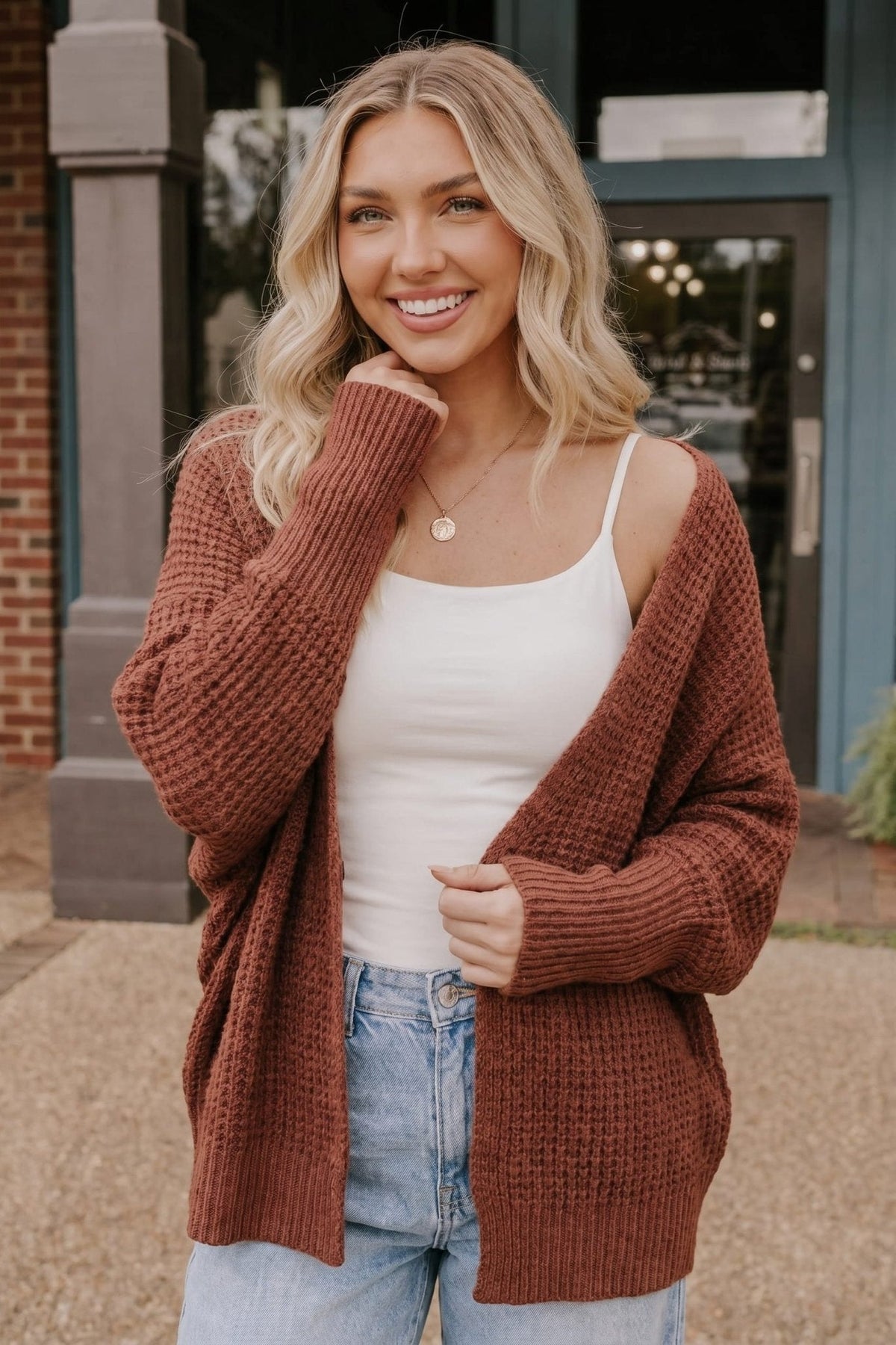 Cozy Button Front Waffle Knit Cardigan in Rust - Desert Sunday