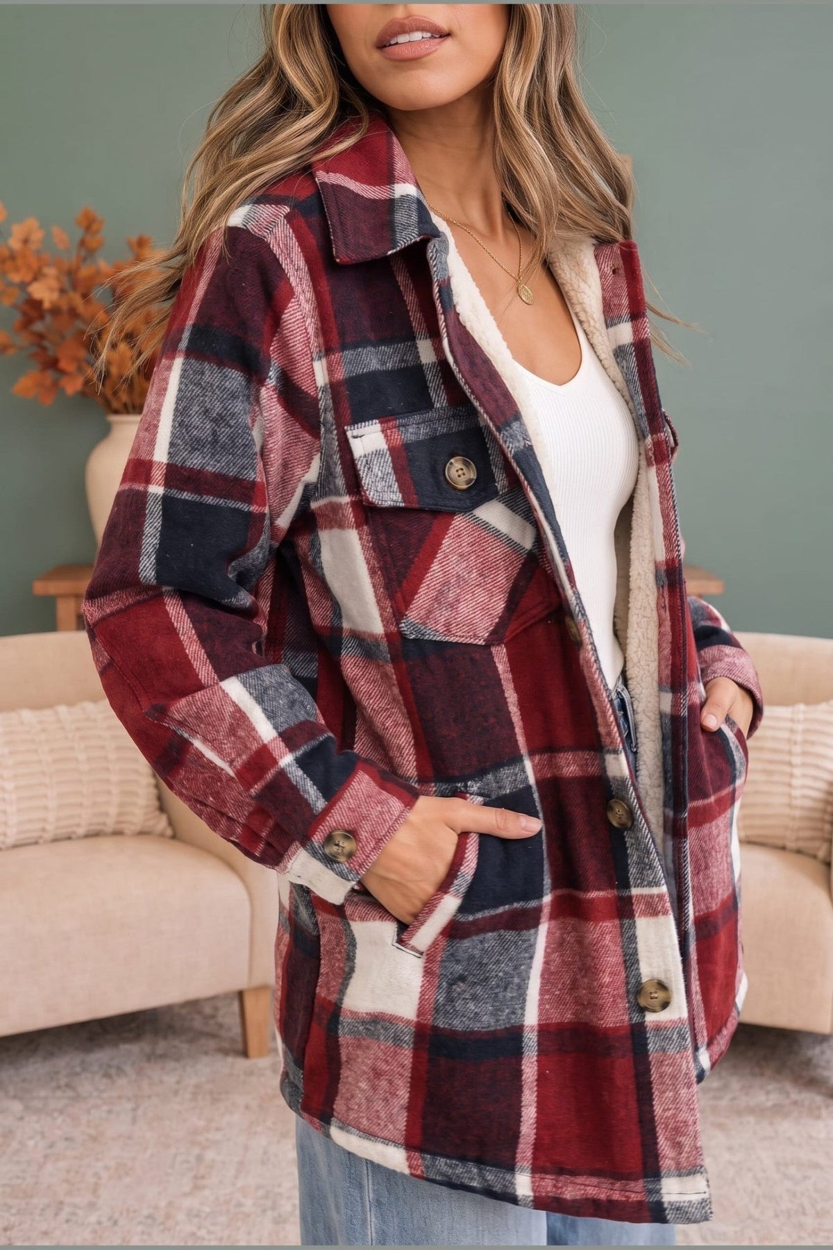 Cozy Cabin Vibes Sherpa Lined Flannel Shacket - Desert Sunday