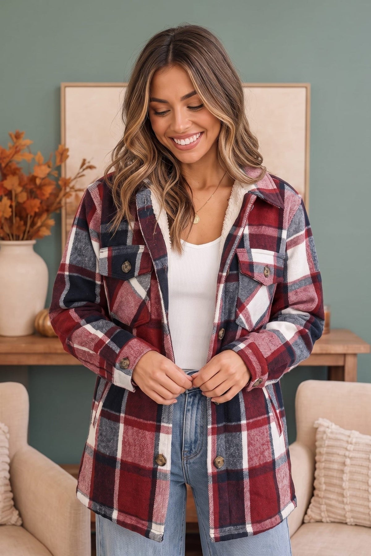 Cozy Cabin Vibes Sherpa Lined Flannel Shacket - Desert Sunday