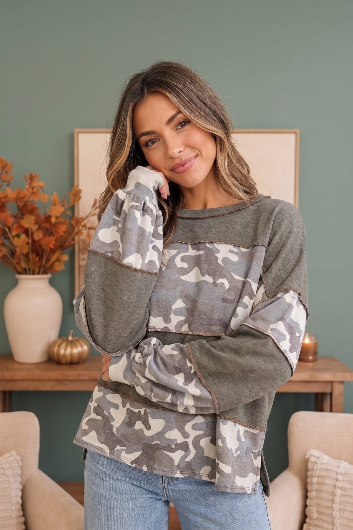Cozy Camo Color Block Pullover - Desert Sunday