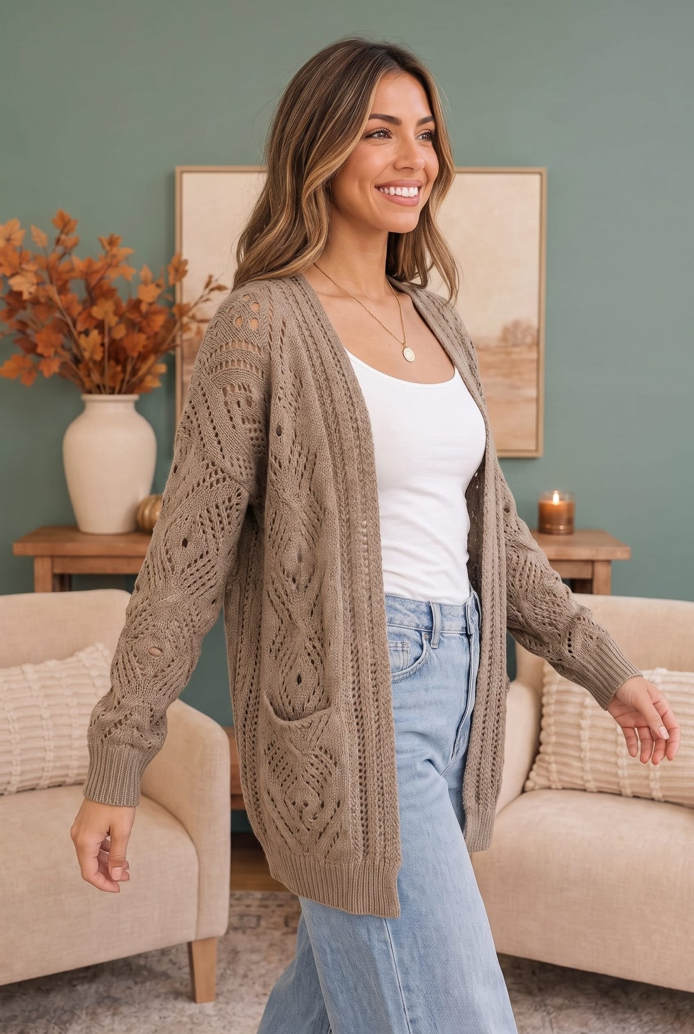 Cozy Days Ahead Open Knit Cardigan in Taupe - Desert Sunday