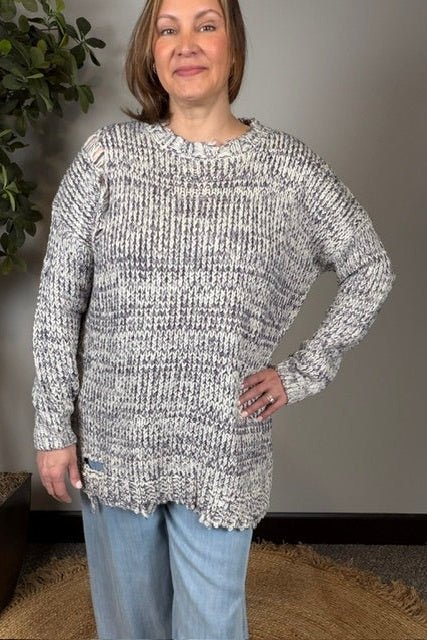 Cozy Days Distressed Marled Knit Sweater - Desert Sunday