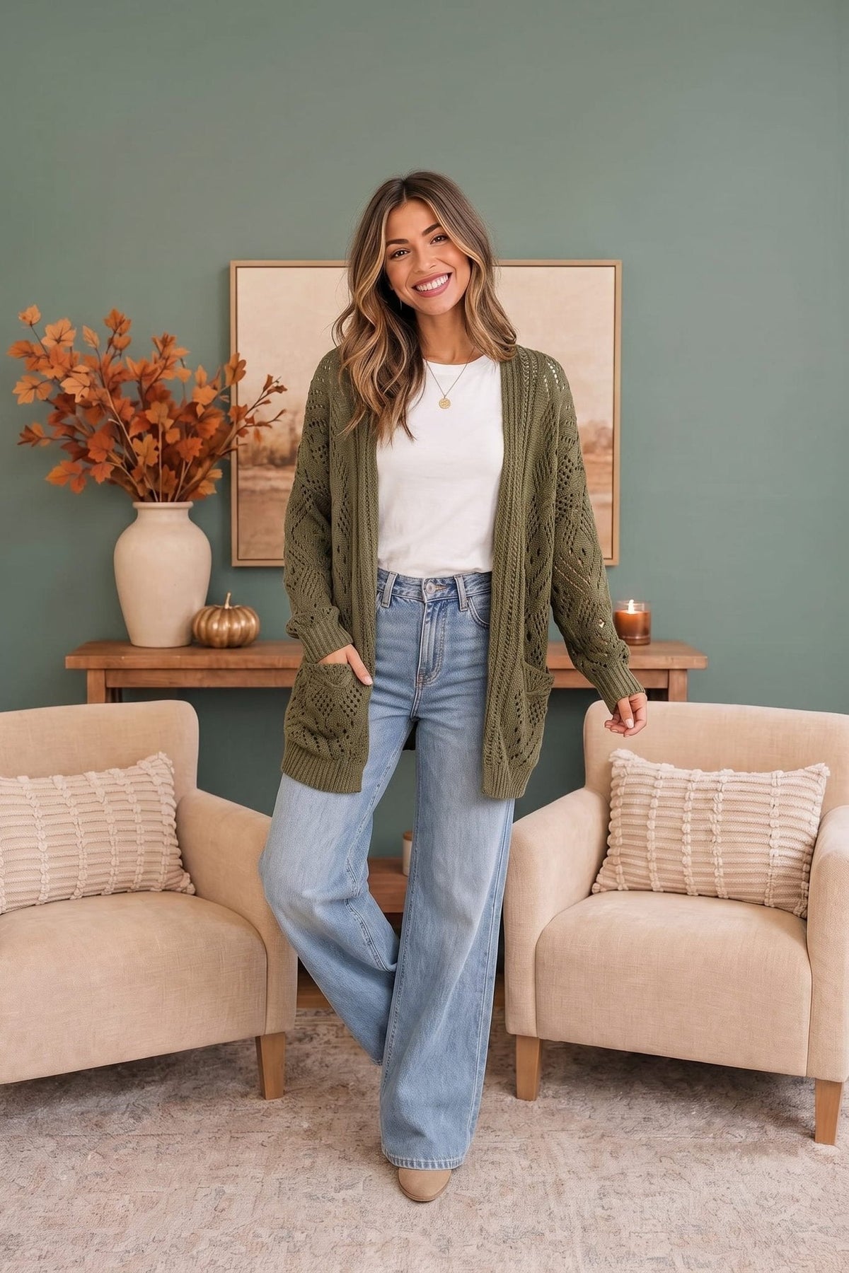 Cozy Days Open Knit Cardigan in Olive - Desert Sunday