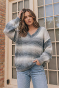 Cozy Gradient V-Neck Sweater in Slate Blue - Desert Sunday