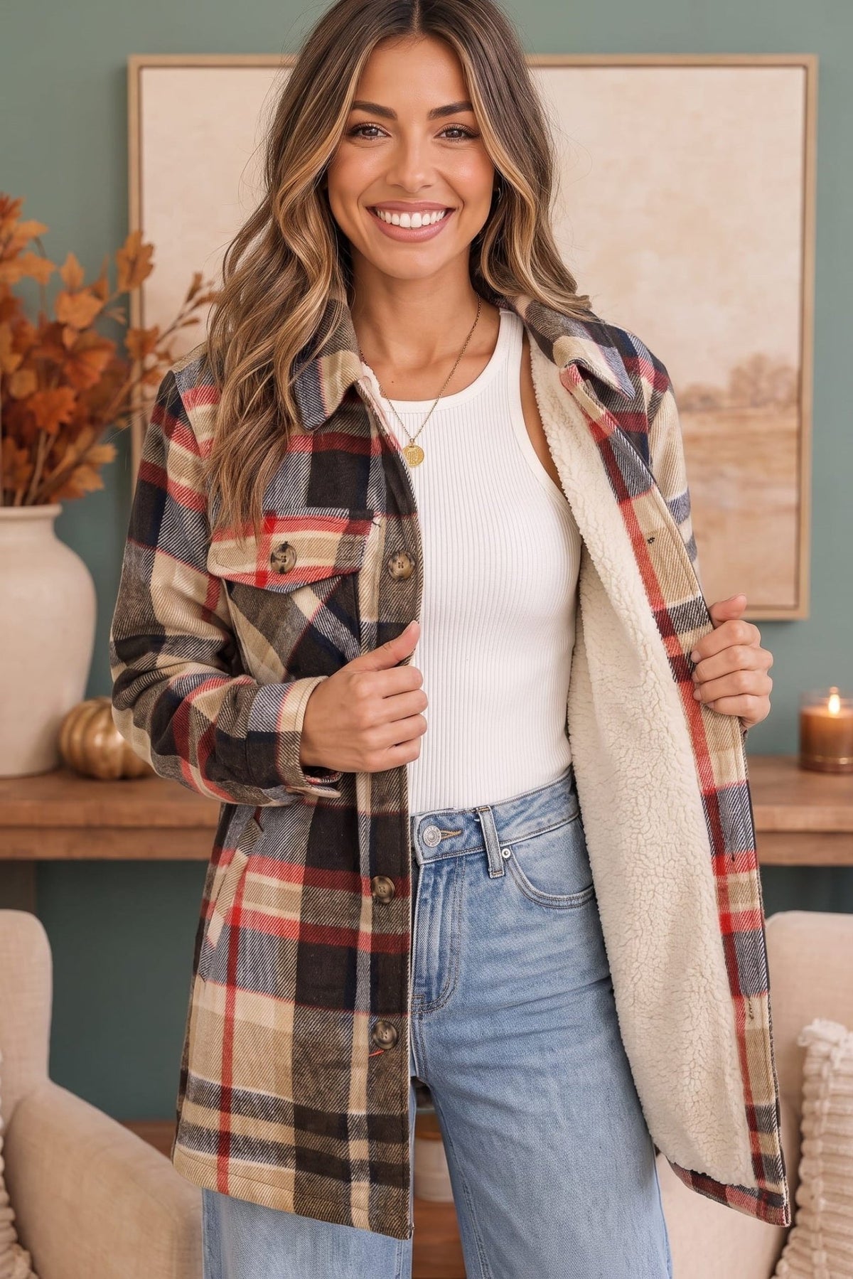 Cozy Plaid Sherpa Lined Shacket in Coffee - Desert Sunday