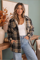Cozy Plaid Sherpa Lined Shacket in Khaki Black - Desert Sunday
