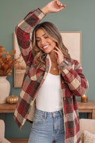 Cozy Plaid Sherpa Lined Shacket in Khaki Red - Desert Sunday