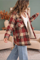 Cozy Plaid Sherpa Lined Shacket in Khaki Red - Desert Sunday