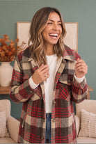 Cozy Plaid Sherpa Lined Shacket in Khaki Red - Desert Sunday