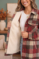 Cozy Plaid Sherpa Lined Shacket in Khaki Red - Desert Sunday