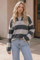 Cozy Stripe Polo Sweater in Charcoal - Desert Sunday