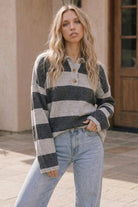 Cozy Stripe Polo Sweater in Charcoal - Desert Sunday