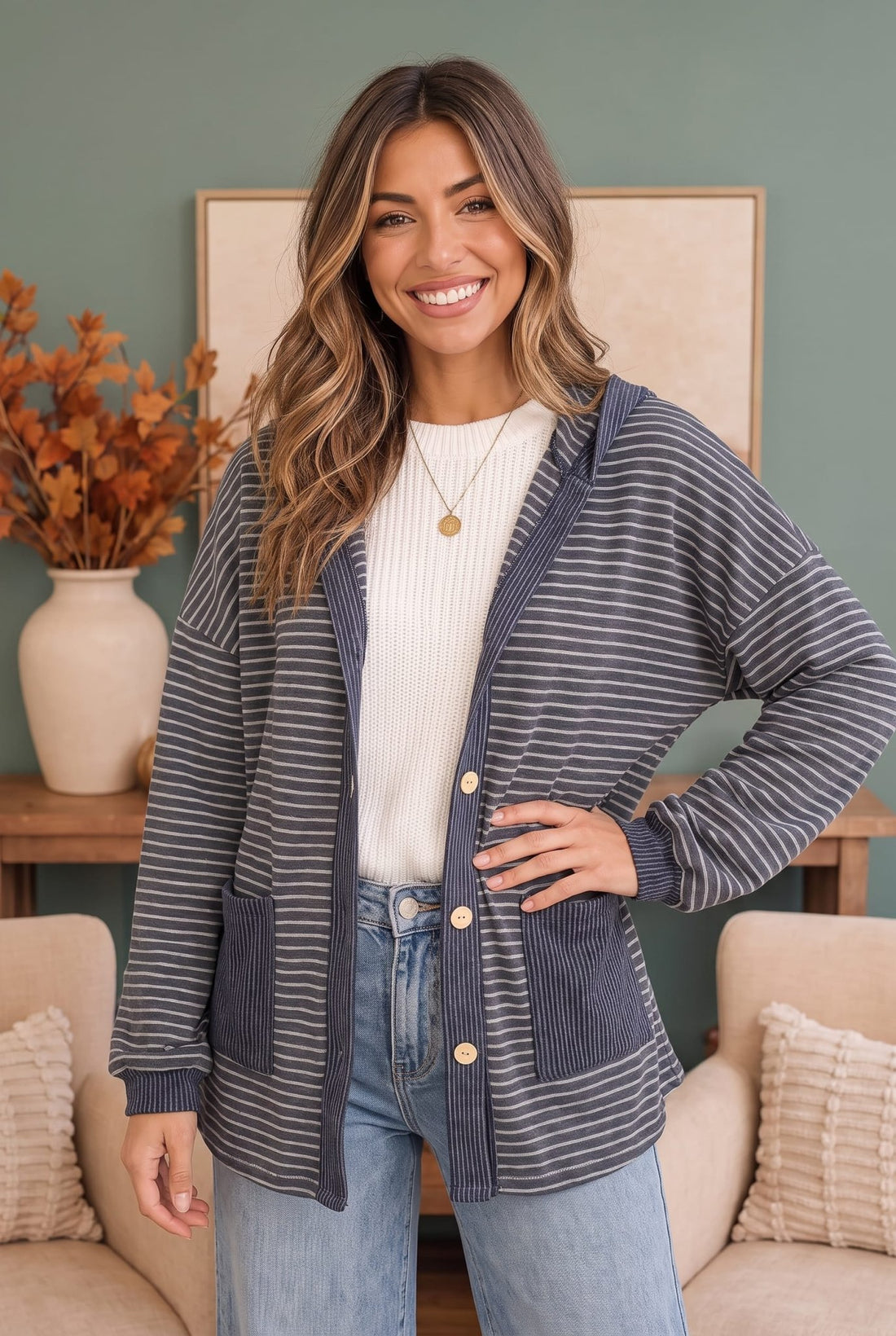 Crafting Corner Stripe Button Front Hoodie - Desert Sunday