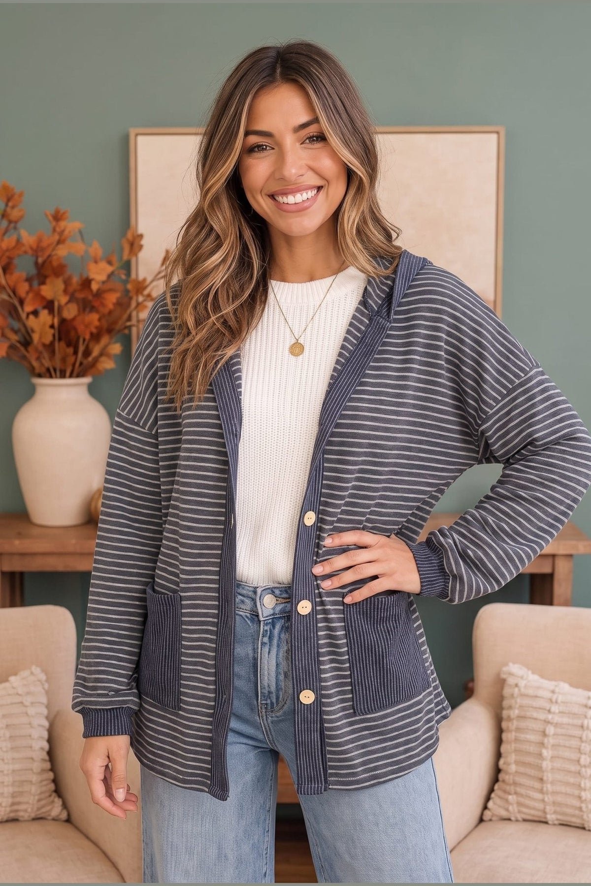 Crafting Corner Stripe Button Front Hoodie - Desert Sunday