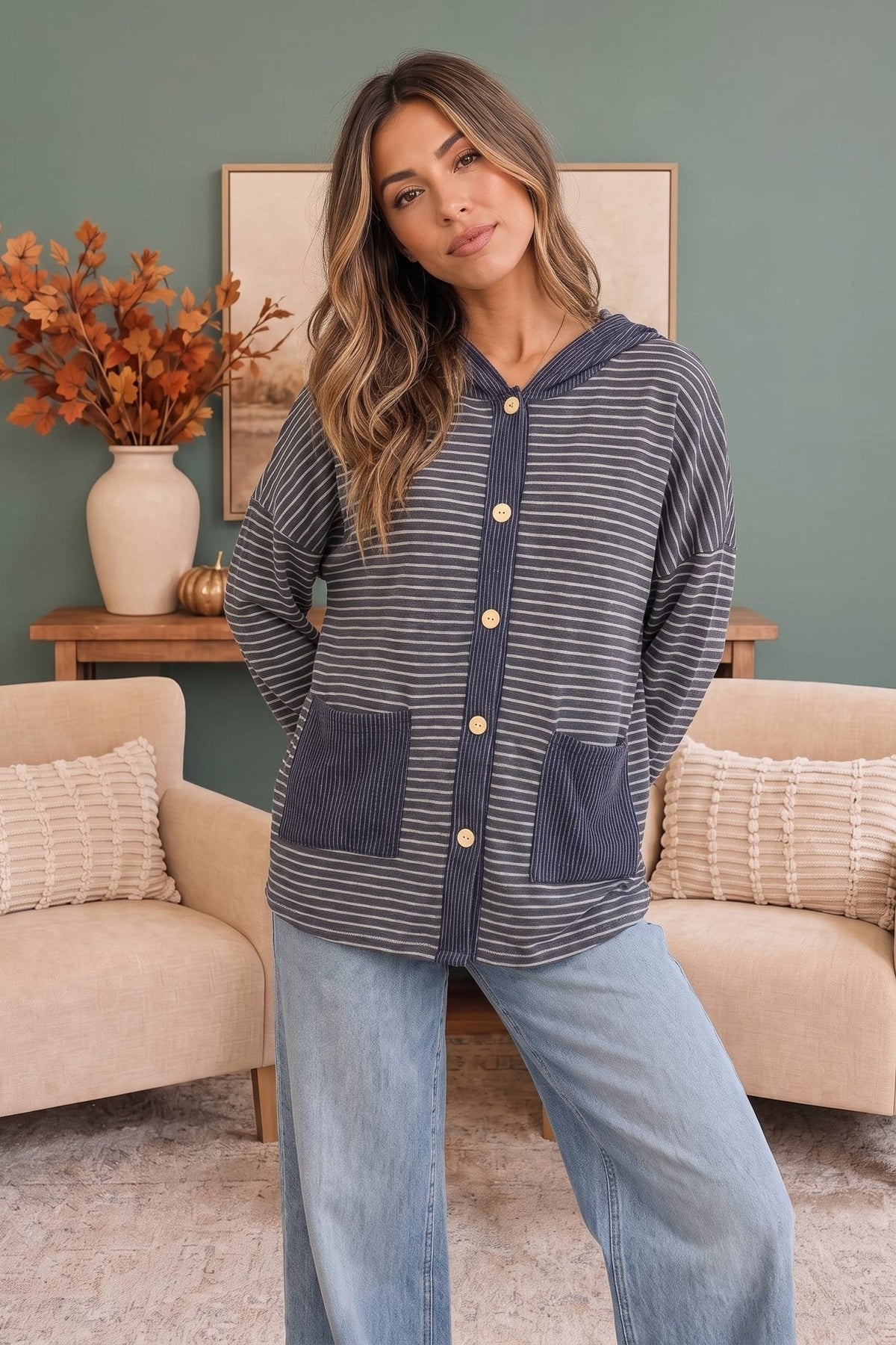 Crafting Corner Stripe Button Front Hoodie - Desert Sunday