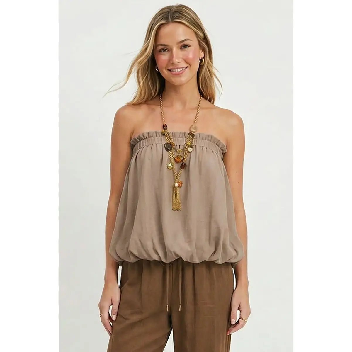 Crinkled Breeze Bubble Top in Mink - Desert Sunday