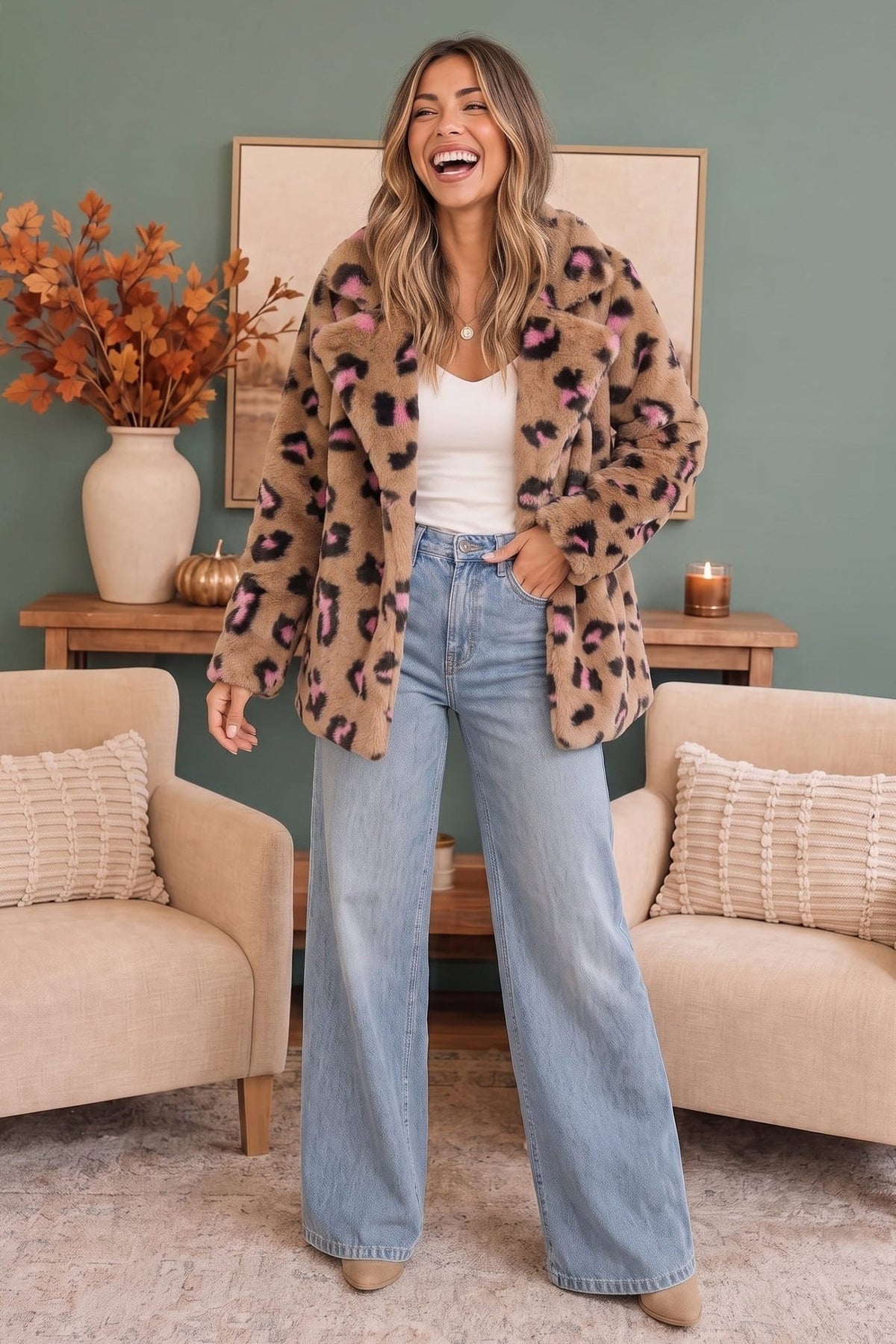 Daring Darling Faux Fur Leopard Coat - Desert Sunday