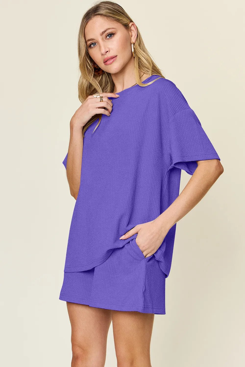 Double Take Basic style Round Neck Solid Set - Desert Sunday