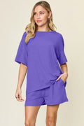 Double Take Basic style Round Neck Solid Set - Desert Sunday