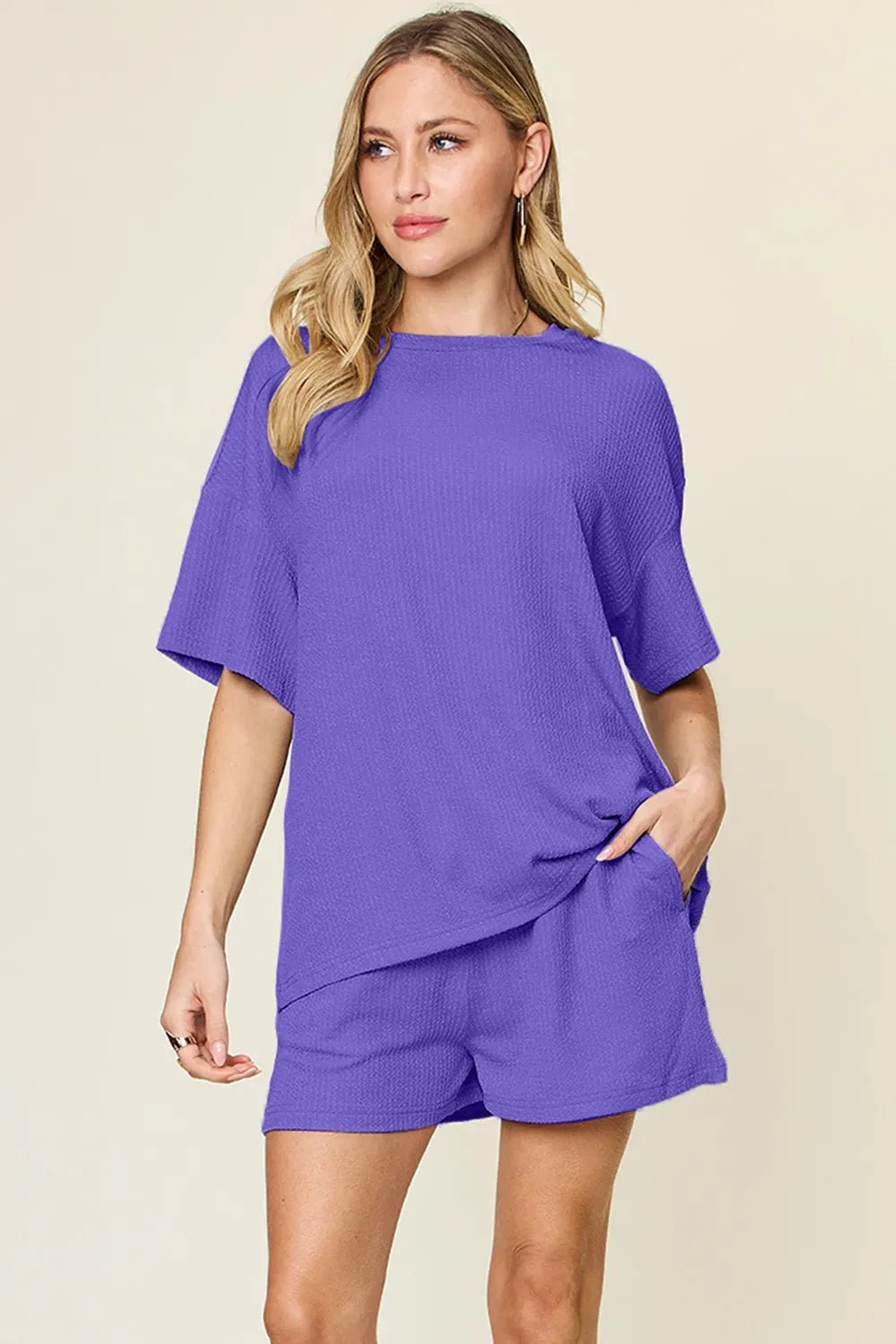 Double Take Basic style Round Neck Solid Set - Desert Sunday
