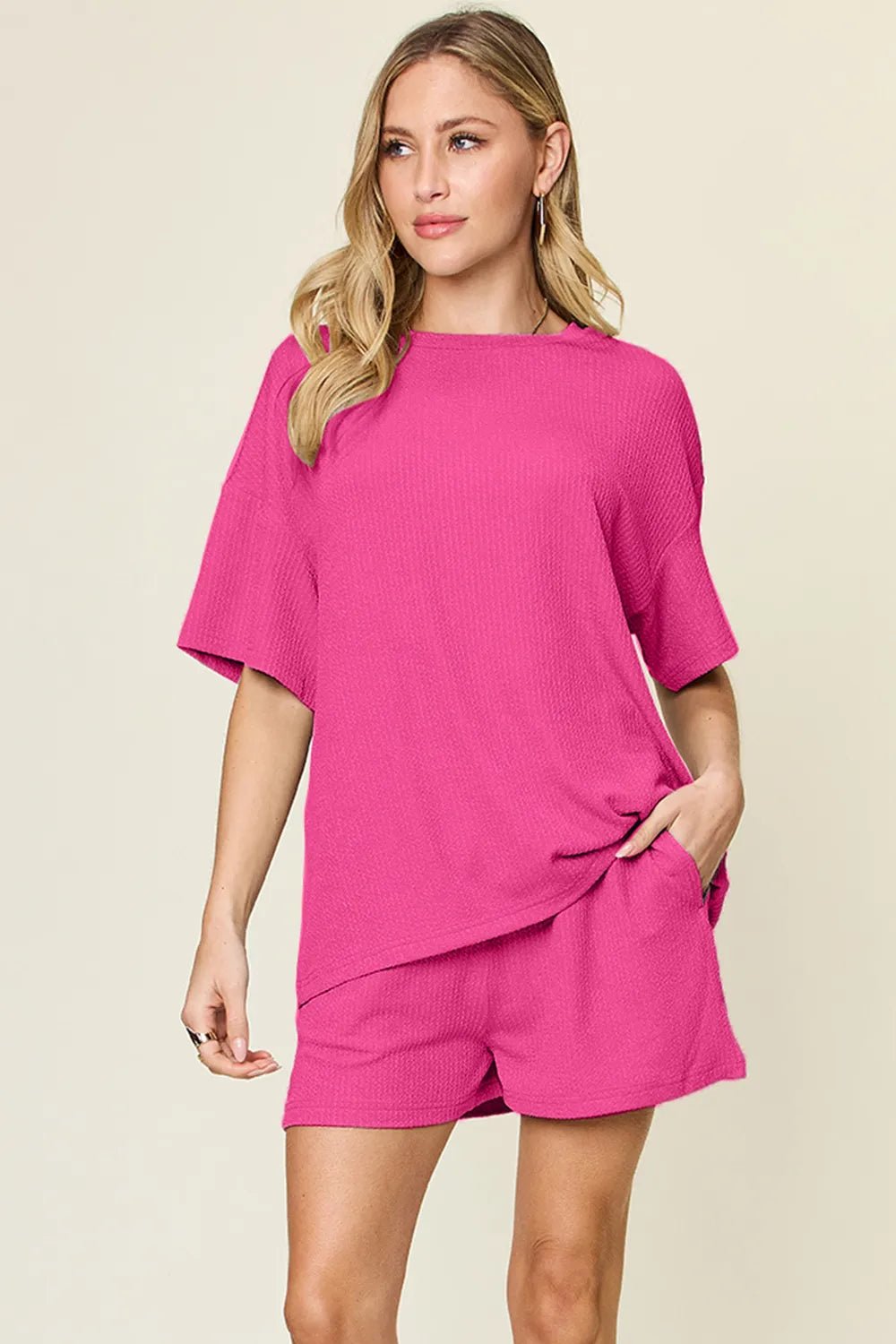 Double Take Basic style Round Neck Solid Set - Desert Sunday