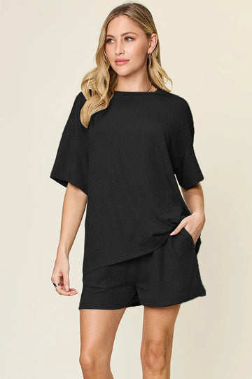 Double Take Basic style Round Neck Solid Set - Desert Sunday