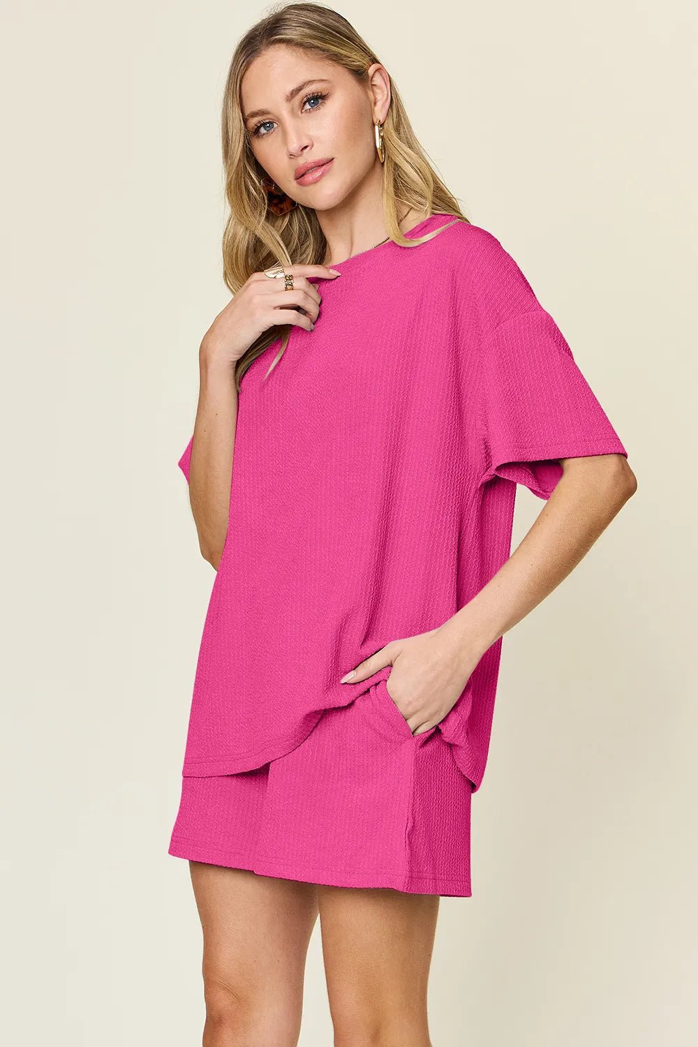 Double Take Basic style Round Neck Solid Set - Desert Sunday