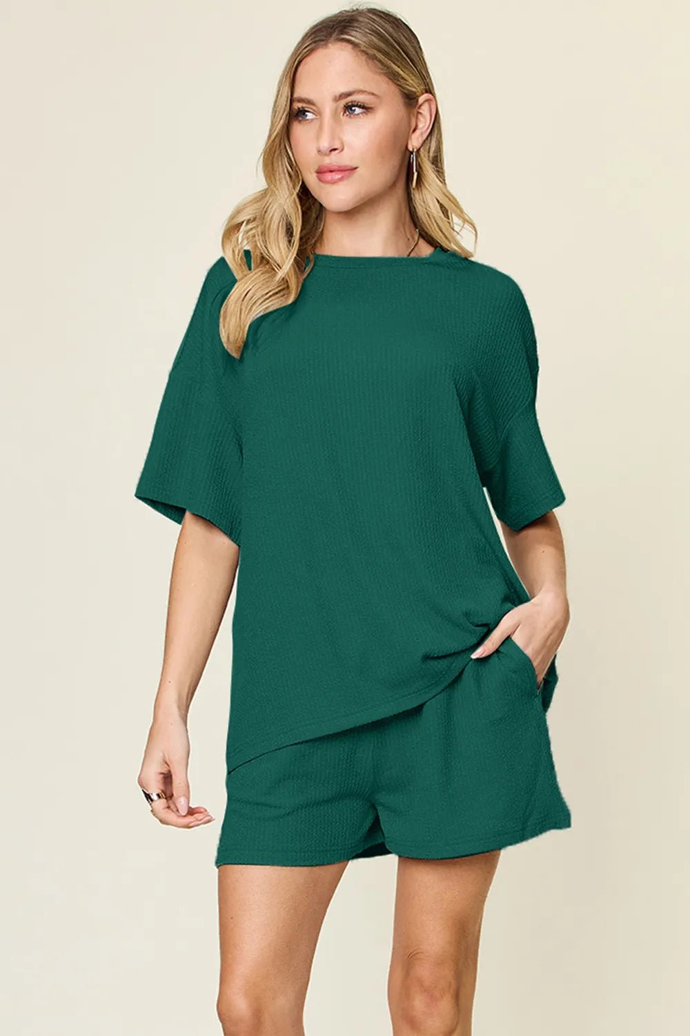 Double Take Basic style Round Neck Solid Set - Desert Sunday