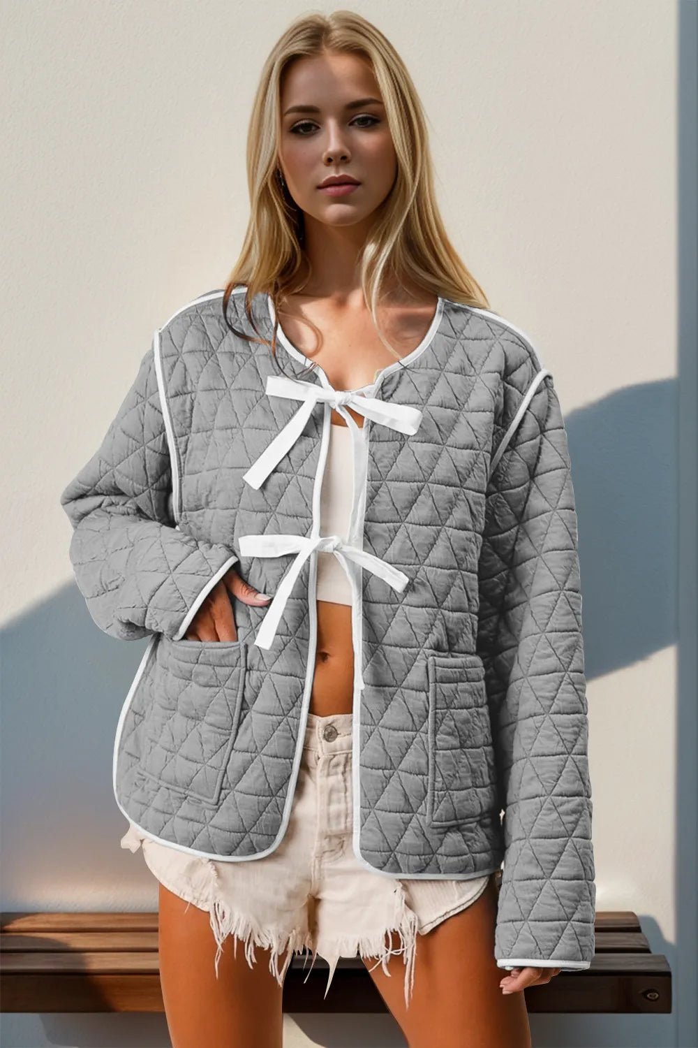 Double Take Contrast Trim Tie Front Quilted Jacket with Pockets - Desert Sunday