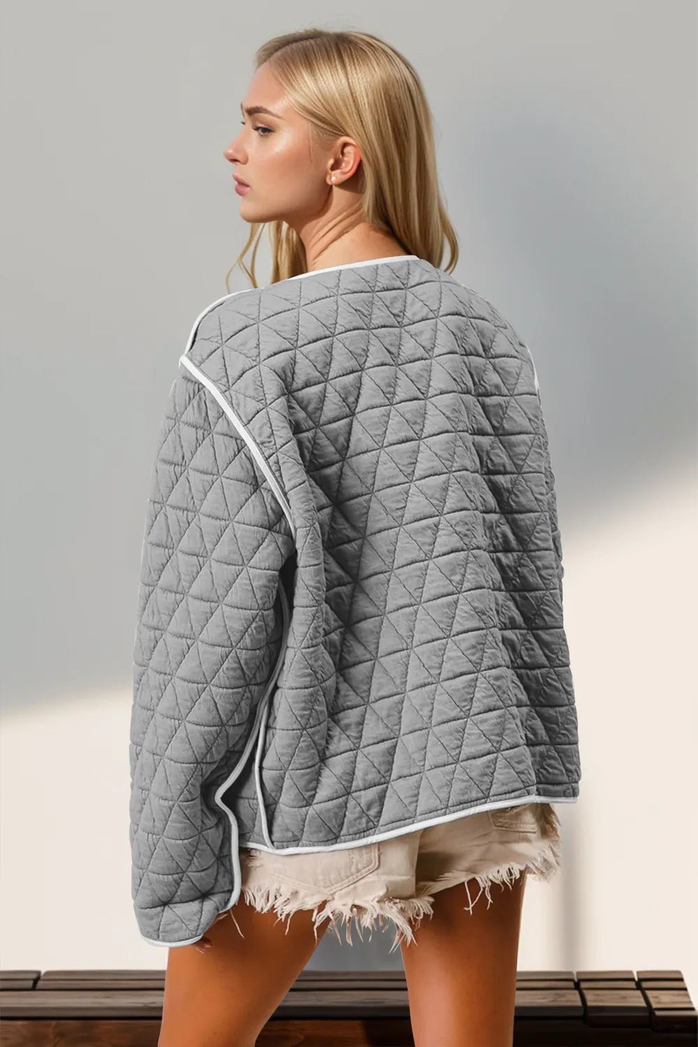 Double Take Contrast Trim Tie Front Quilted Jacket with Pockets - Desert Sunday