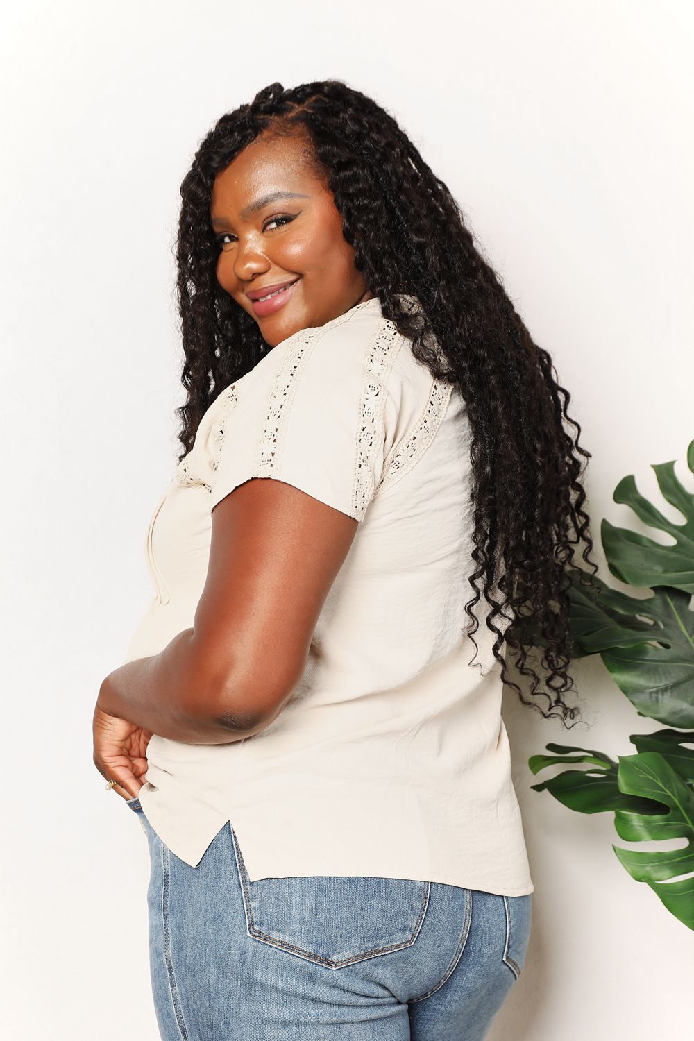 Double Take Crochet Buttoned Short Sleeves Top - Desert Sunday
