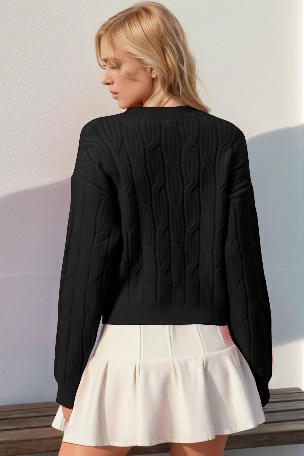 Double Take Full Size Bow Cable-Knit Round Neck Sweater - Desert Sunday