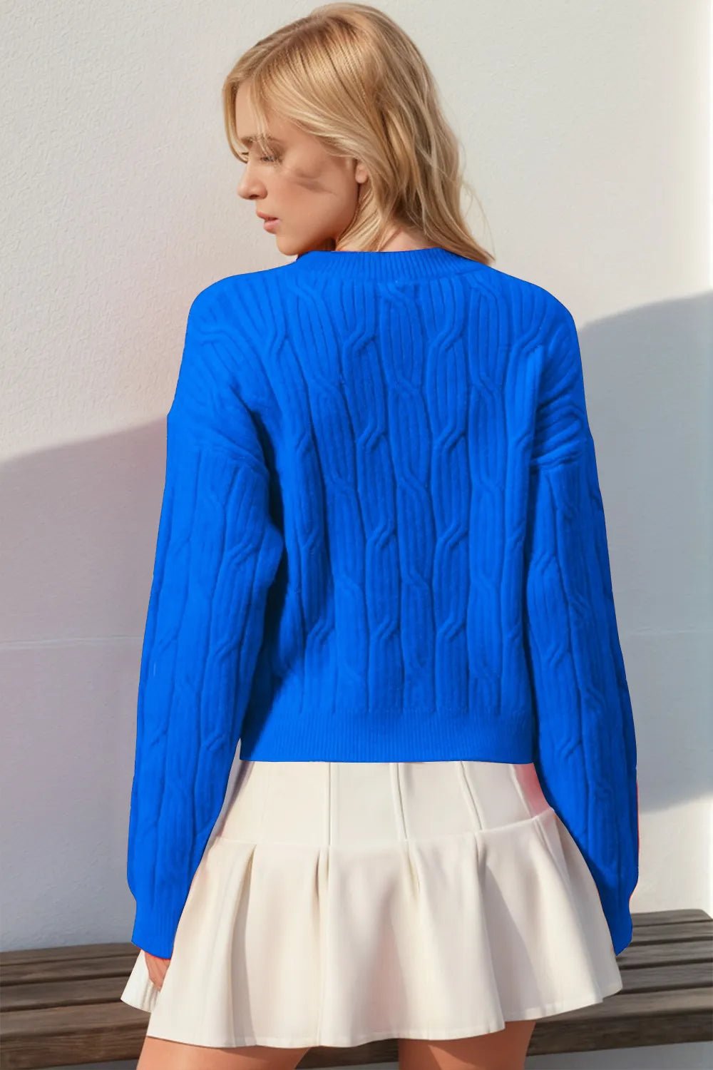 Double Take Full Size Bow Cable-Knit Round Neck Sweater - Desert Sunday