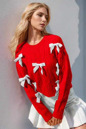 Double Take Full Size Bow Cable-Knit Round Neck Sweater - Desert Sunday