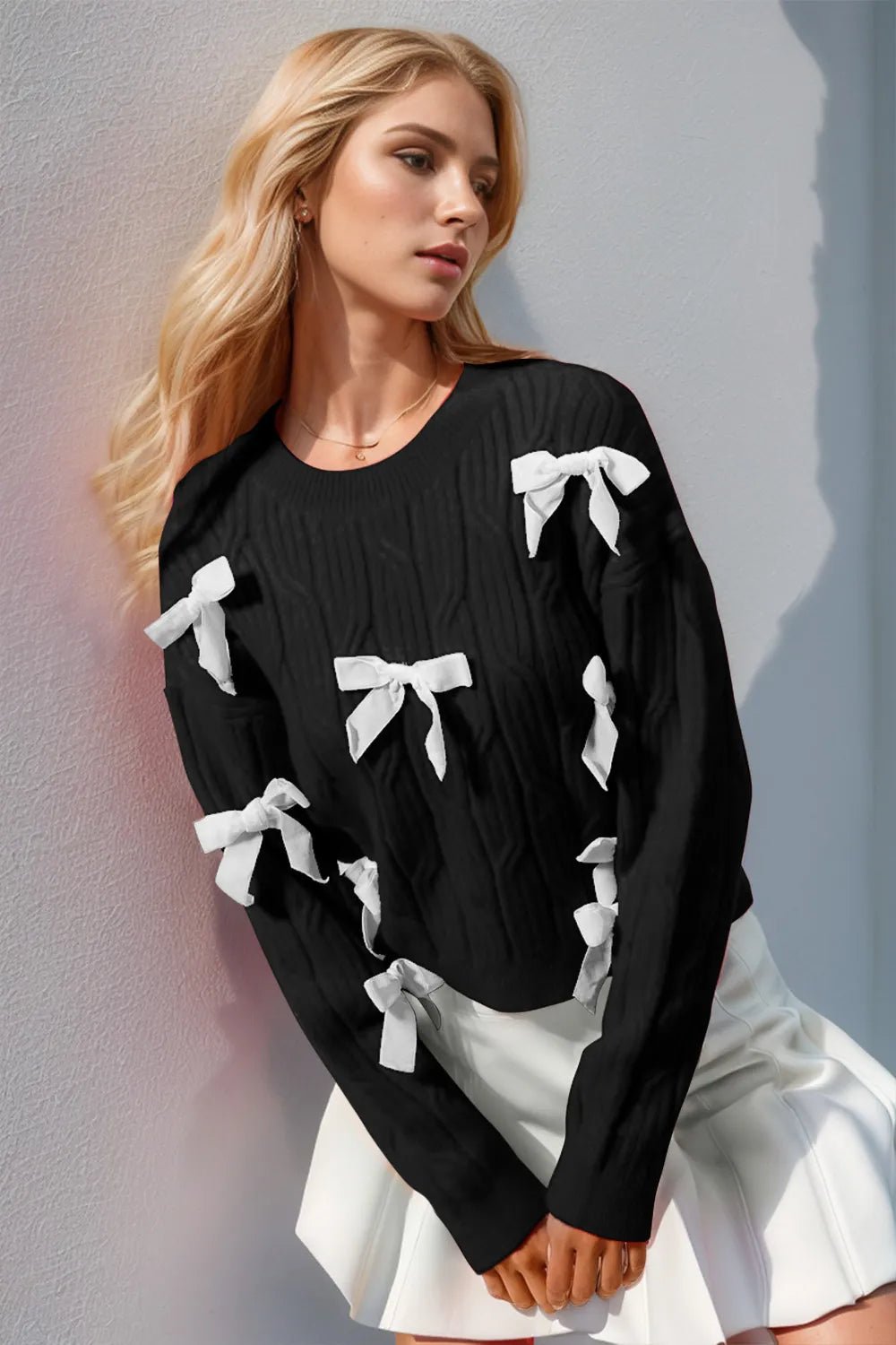 Double Take Full Size Bow Cable-Knit Round Neck Sweater - Desert Sunday