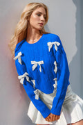 Double Take Full Size Bow Cable-Knit Round Neck Sweater - Desert Sunday