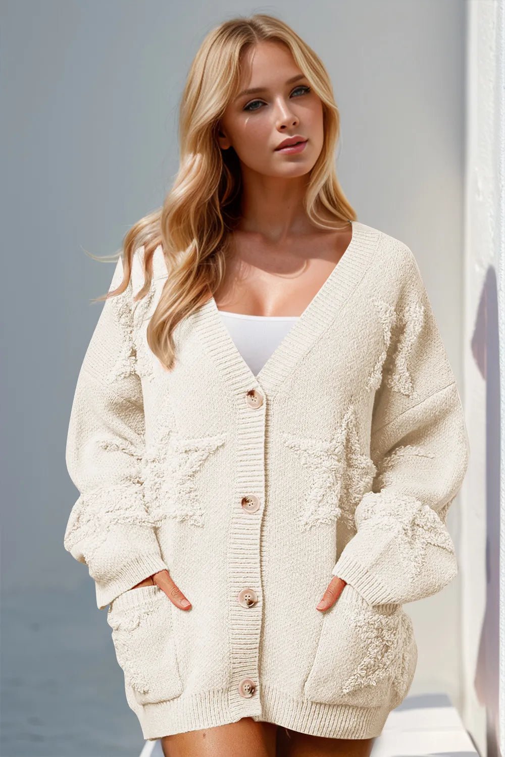 Double Take Full Size Button Up Star Pattern Cardigan - Desert Sunday