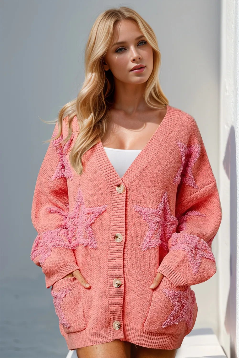Double Take Full Size Button Up Star Pattern Cardigan - Desert Sunday
