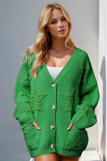 Double Take Full Size Button Up Star Pattern Cardigan - Desert Sunday