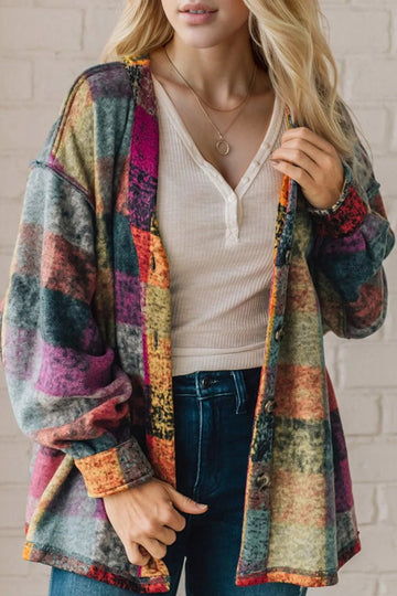 Double Take Full Size Exposed Seam Button Up Fleece Shacket - Desert Sunday