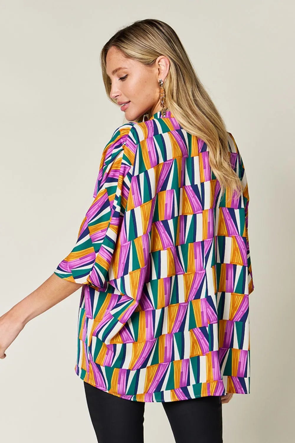 Double Take Full Size Geometric Notched Dolman Sleeve Top - Desert Sunday