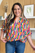 Double Take Full Size Geometric Notched Dolman Sleeve Top - Desert Sunday