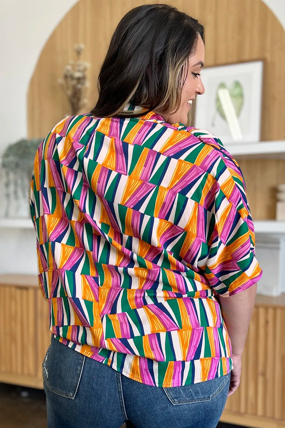 Double Take Full Size Geometric Notched Dolman Sleeve Top - Desert Sunday