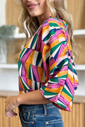 Double Take Full Size Geometric Notched Dolman Sleeve Top - Desert Sunday