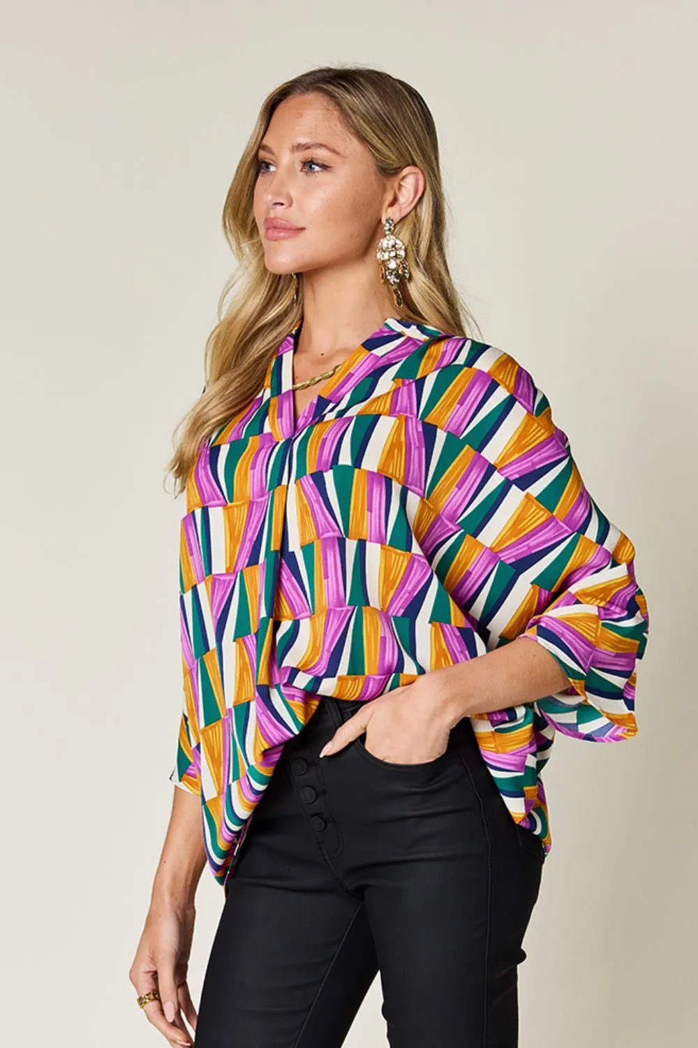 Double Take Full Size Geometric Notched Dolman Sleeve Top - Desert Sunday