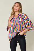Double Take Full Size Geometric Notched Dolman Sleeve Top - Desert Sunday