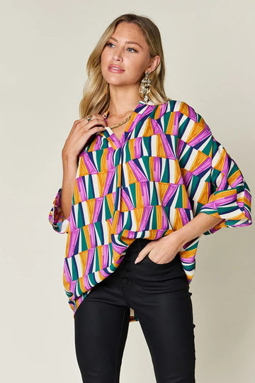 Double Take Full Size Geometric Notched Dolman Sleeve Top - Desert Sunday