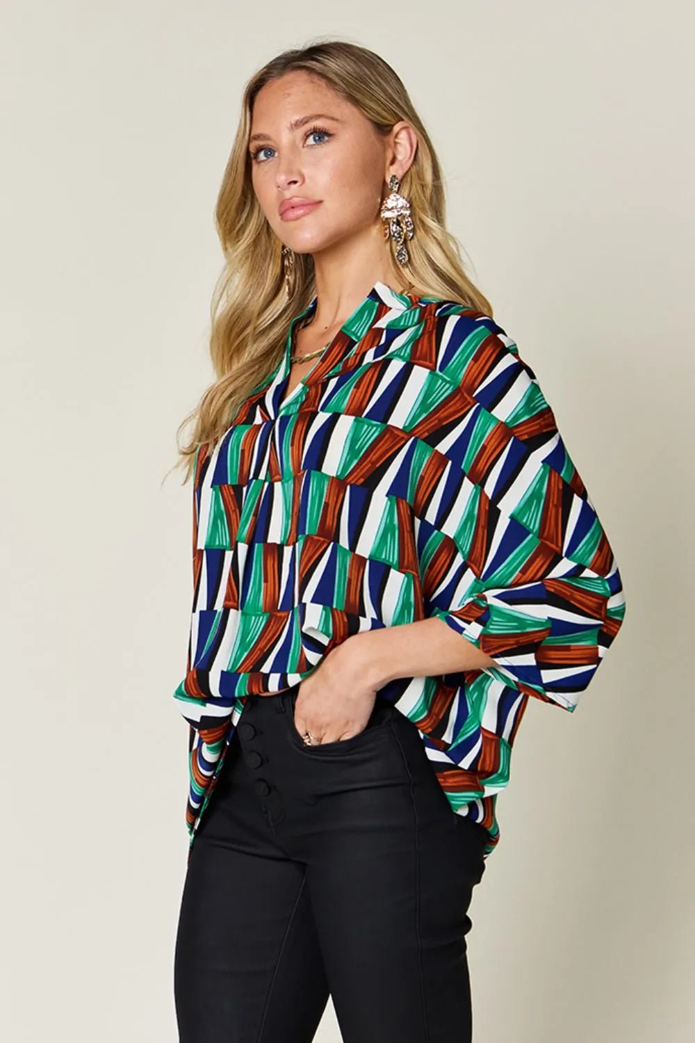 Double Take Full Size Geometric Notched Dolman Sleeve Top - Desert Sunday